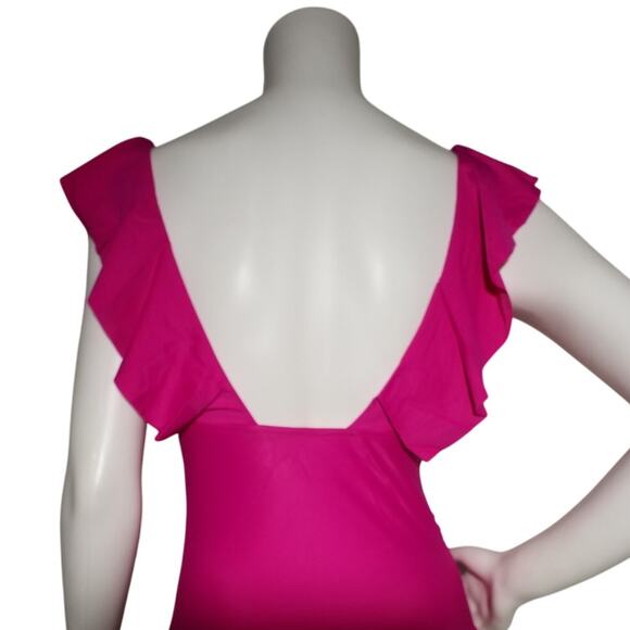 J Crew Womens Ruched Ruffle One Piece Swimsuit Size 4 Pink Vneck Open Back - Picture 5 of 8